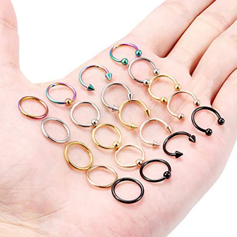 Multiple Styles Body Jewelry Set - Septum Nose Hoop & Lip Labret Earrings