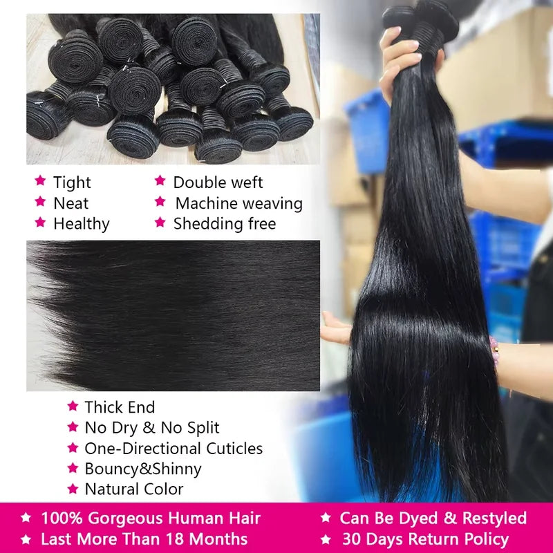 Human Hair Extensions Bundles - Brazilian Natural Black 10A Raw Hair Weave 20-40 Inch