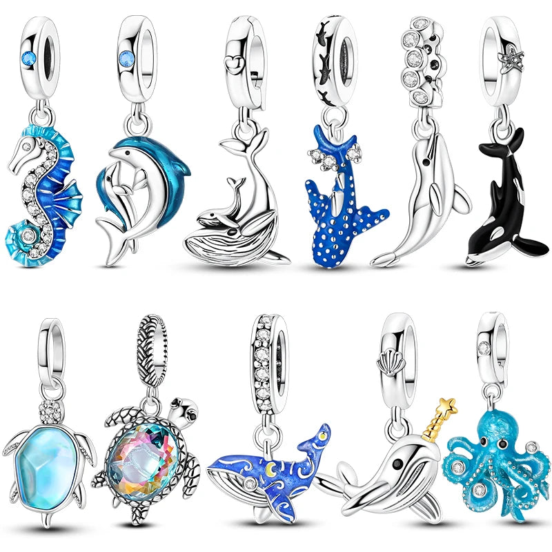 Sterling Silver Charm Bead Set with Tortoise Whale Shark Seahorse Dolphin Starfish for Jewelry Making