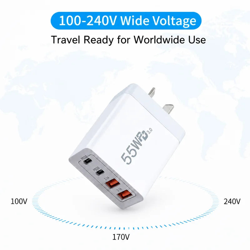 55W USB C Fast Charger with 4 Ports - PD20W & QC3.0 Wall Power Adapter for Mobile Devices