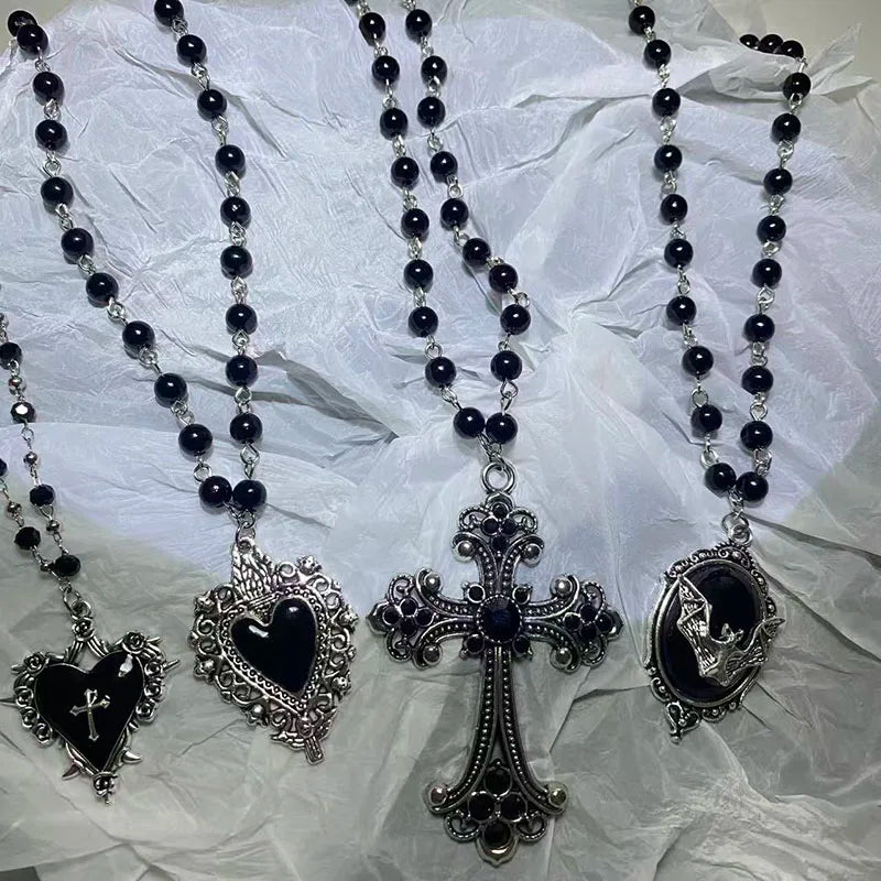 Gothic Bat Cross Pendant Necklace Y2K Personalized Black Bead Stacked Jewelry