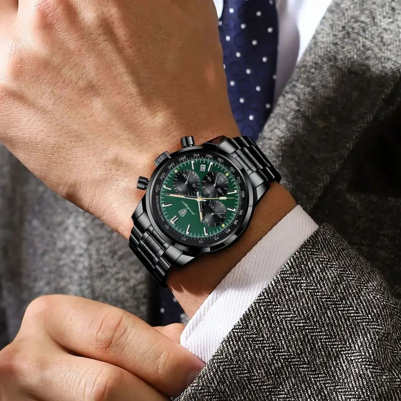 Men's Waterproof Luminous Chronograph Quartz Watch with Stainless Steel Band