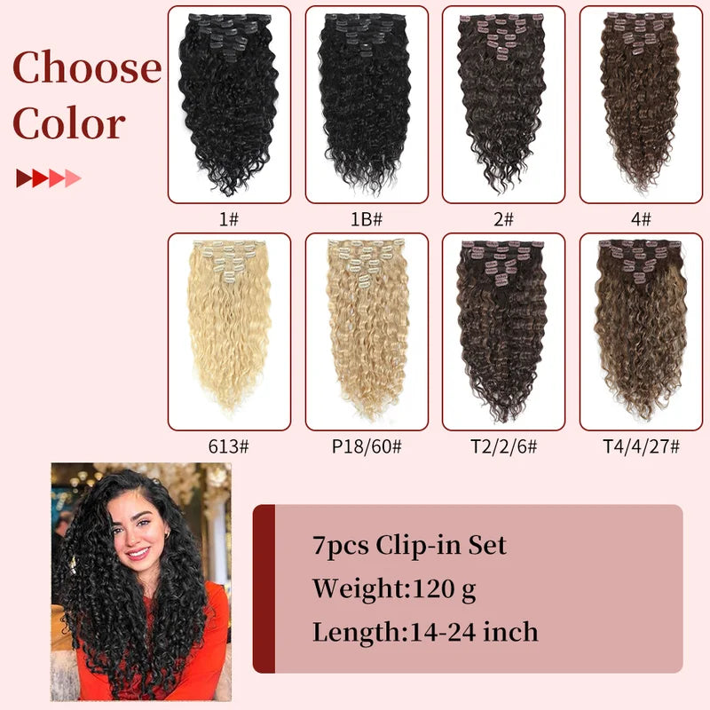 Water Wave Clip-In Hair Extensions 100% Human Remy Hair 7-Piece Set