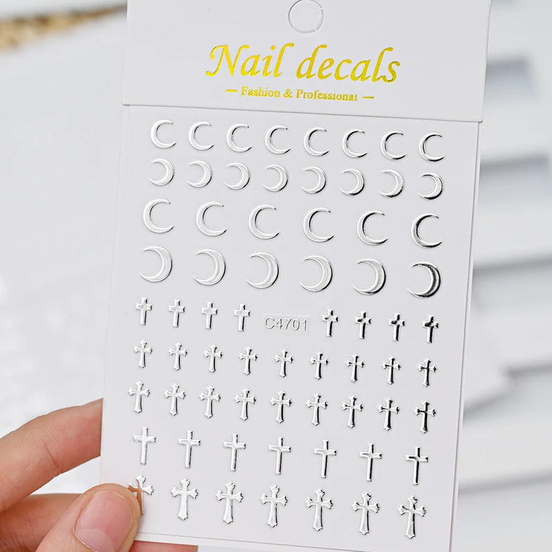 Silver Metallic Nail Stickers Set - 6 Sheets 3D Star Heart Chain Decals