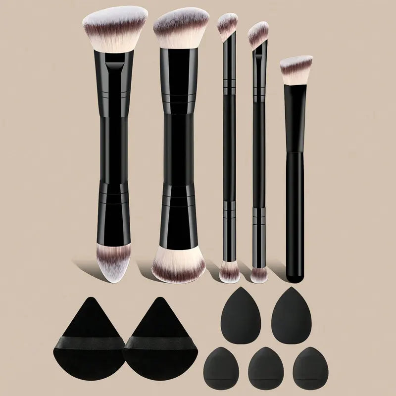 Makeup Brush Set with Sponges and Puffs - Travel Beauty Tools for Face and Eye Makeup