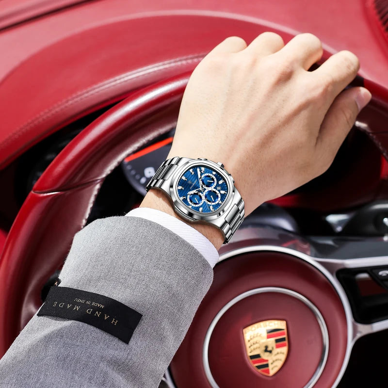 Men's Waterproof Chronograph Wristwatch with Luminous Dial and Date - Stainless Steel