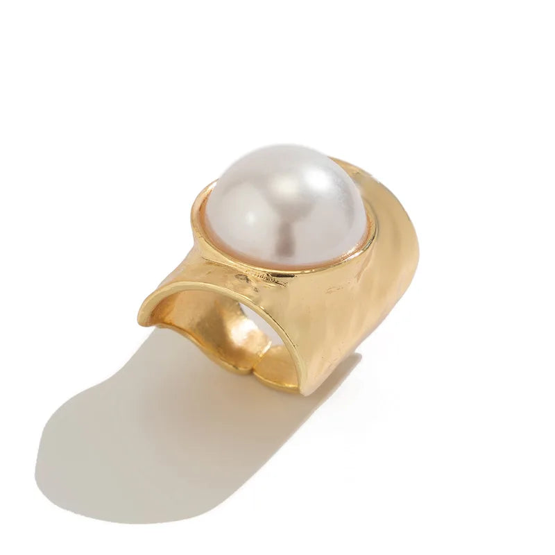 Adjustable Metal Wide Open Rings for Women & Men with Imitation Pearl & Geometric Design