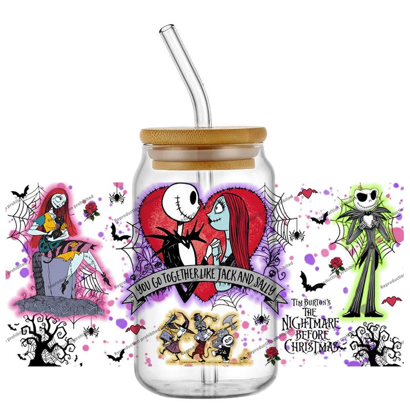 Halloween UV DTF Transfer Sticker Set - Jack Skellington Sally 3D Glass Decals