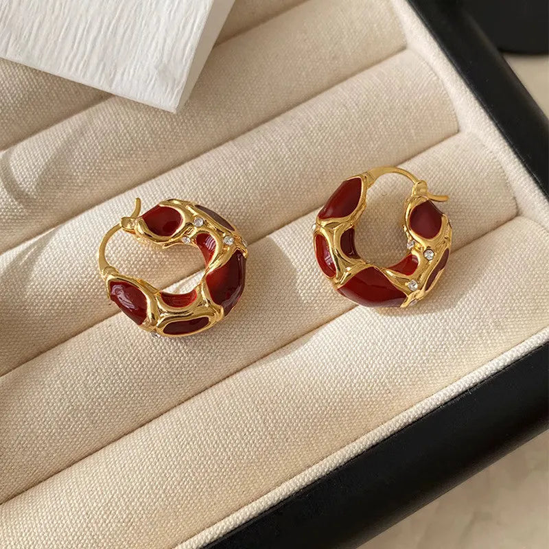 Vintage Enamel Metal Texture Hoop Earrings for Women Gold Plated Statement Jewelry