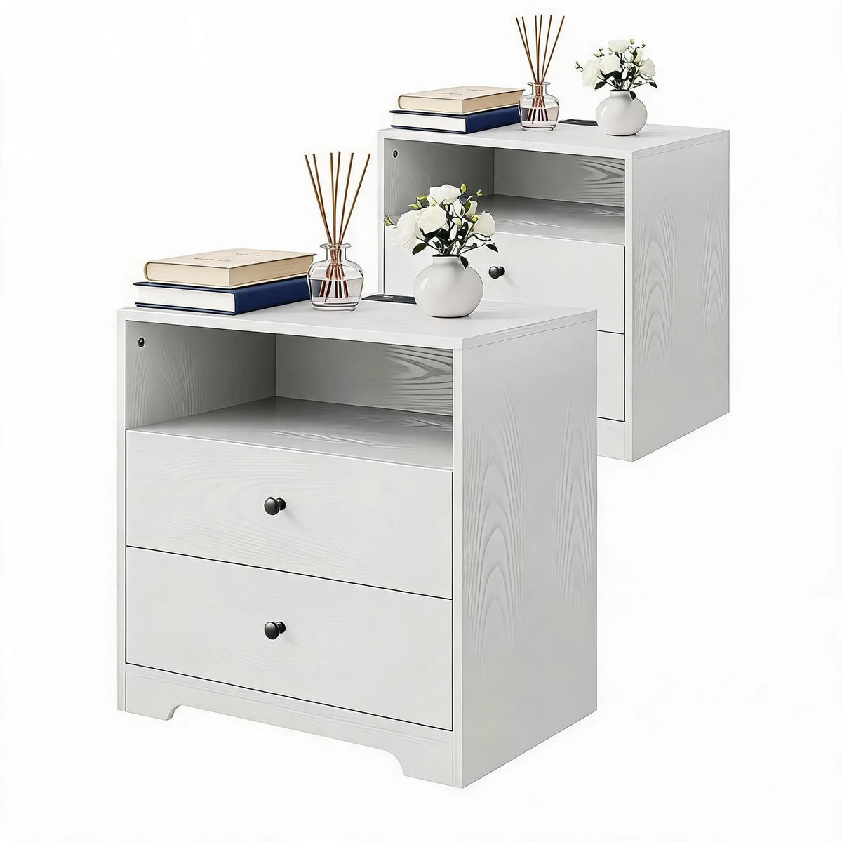 Set of 2 Nightstands with Charging Stations - Modern Wood End Tables for Bedroom & Living Room