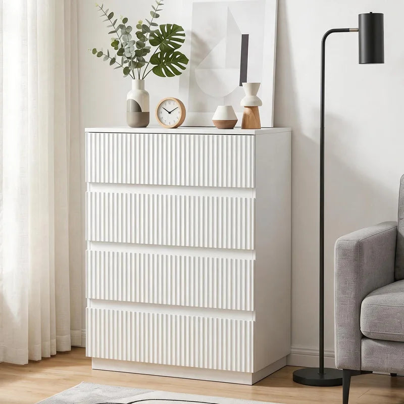White Fluted 4-Drawer Chest of Drawers - Tall Storage Dresser for Bedroom & Living Room