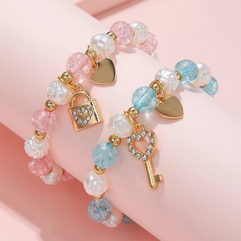 2PCS Heart Charm Key Lock Beaded Bracelets for Girls Friendship & Birthday Gift