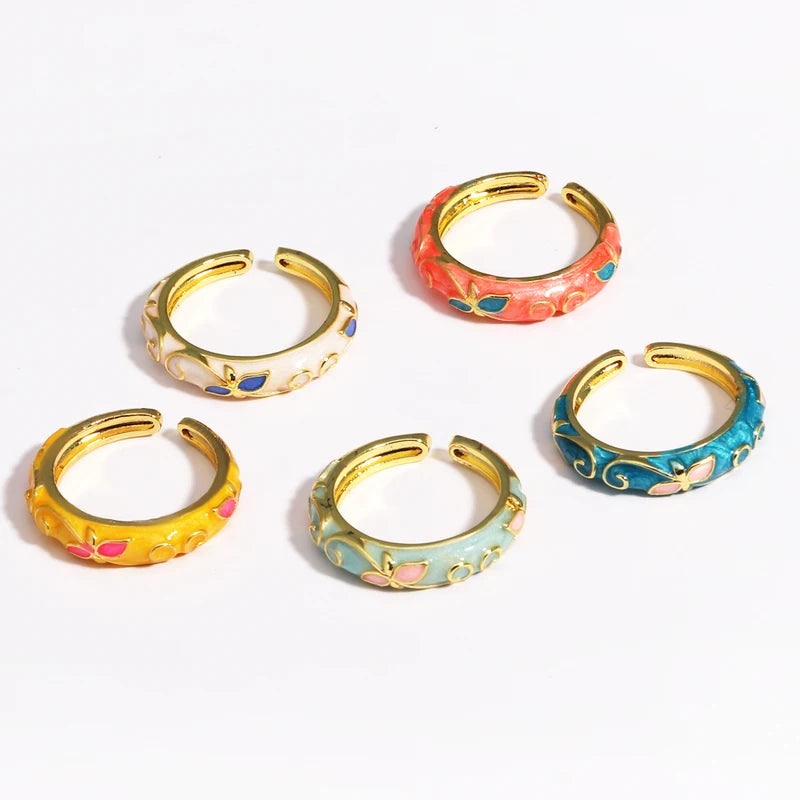Vintage Enamel Flower Adjustable Ring for Women Wedding Jewelry