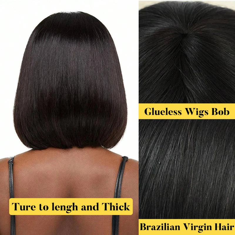 Human Hair Bob Wig with Bangs - 180% Density, Short & Natural Look