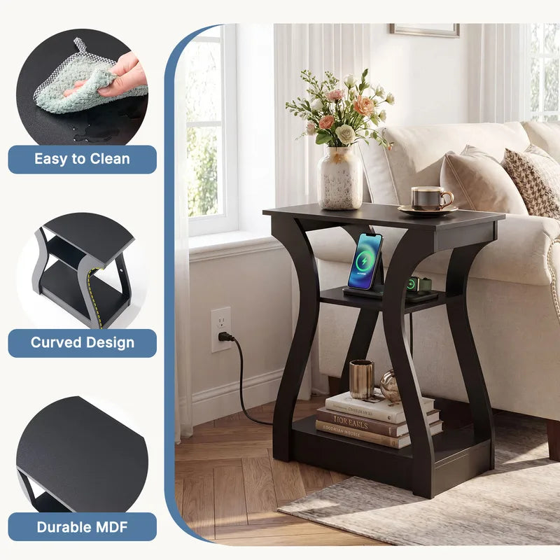 Living Room Side Table with Charging Station 3-Tier Storage Nightstand - Black & Grey