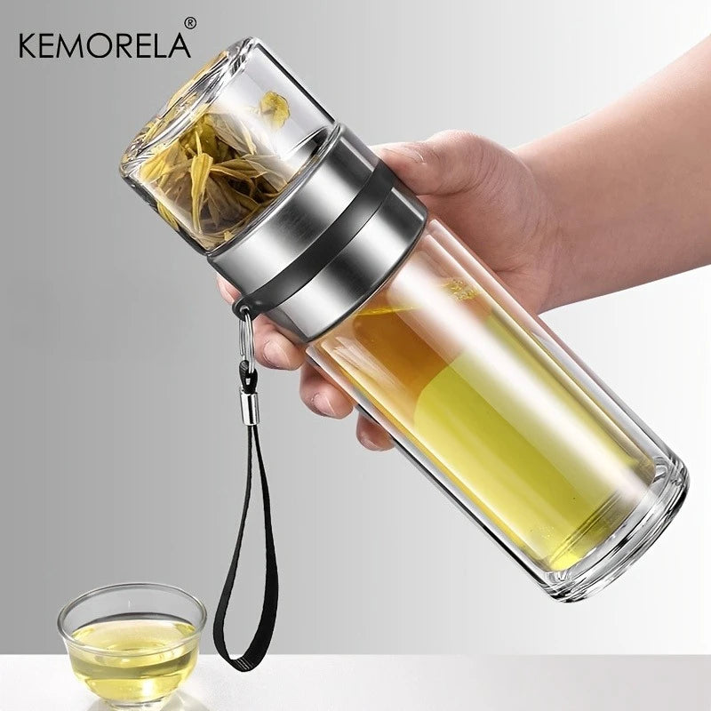 Leakproof Double-Wall Insulated Glass Tea Bottle with Water Separation 350ml-500ml Reusable Travel