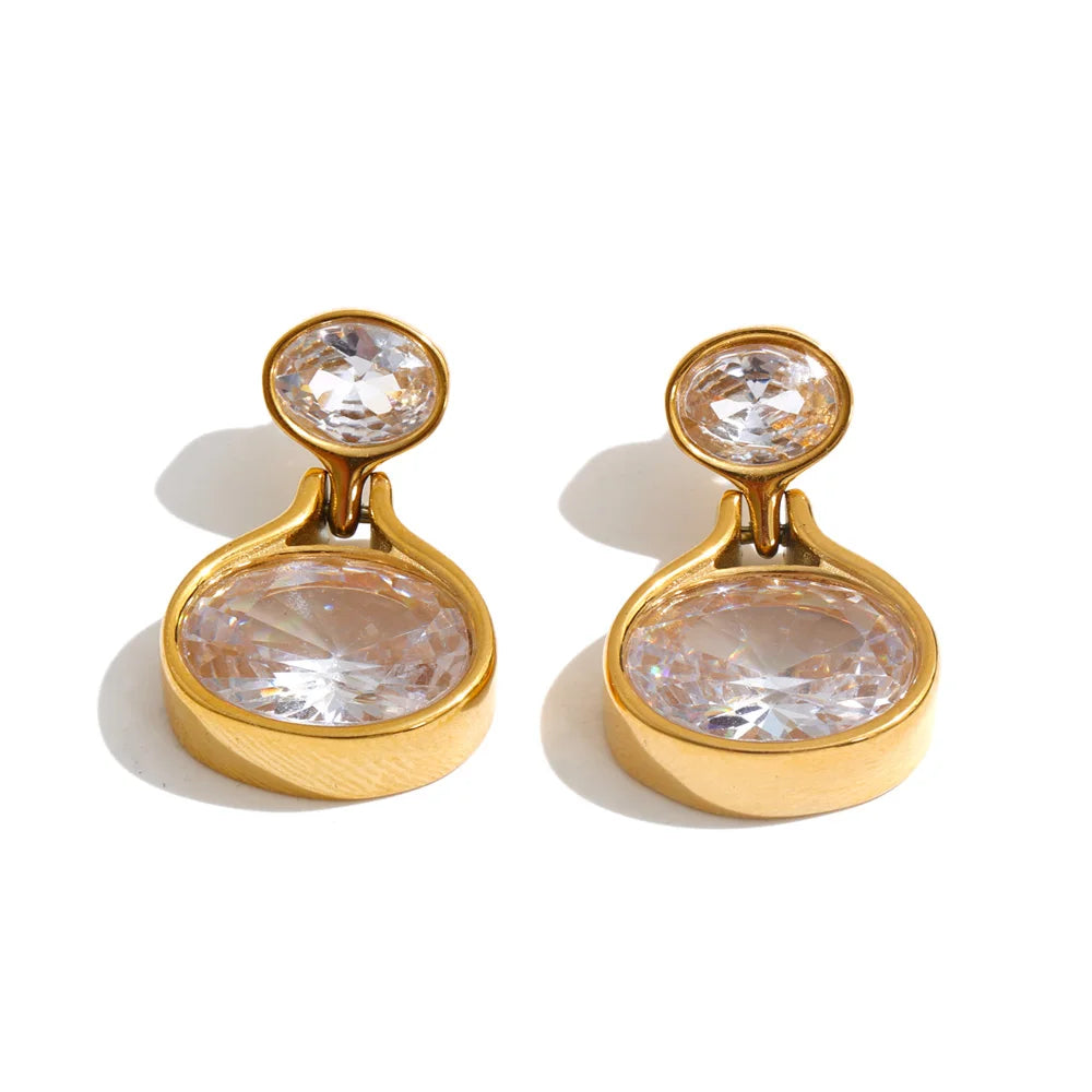Stainless Steel Drop Earrings with Cubic Zirconia - Dainty Round Jewelry for Daily Wear