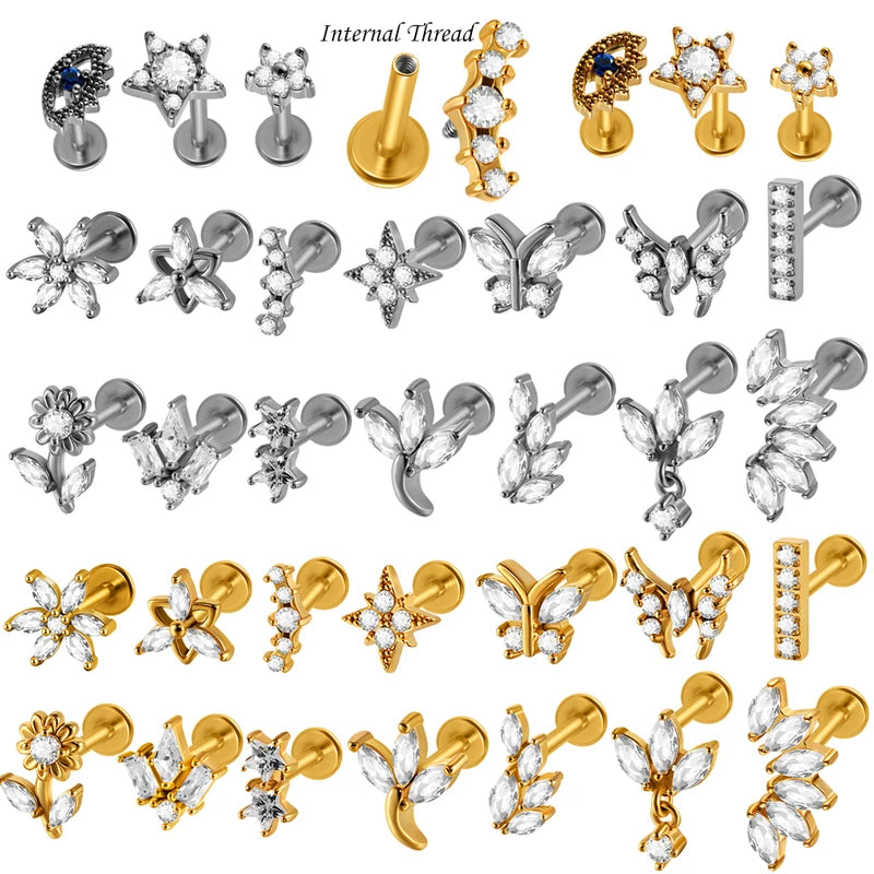 Piercing Labret Earring Flat Back Flower CZ Surgical Steel Tragus Helix Lobe Jewelry