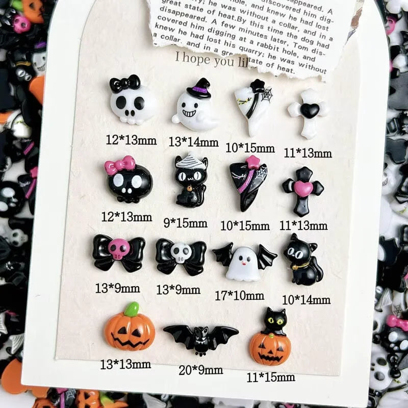 Halloween 3D Resin Nail Charms Set - Pumpkin Ghost Skull Bat Cat Decorations for Manicure
