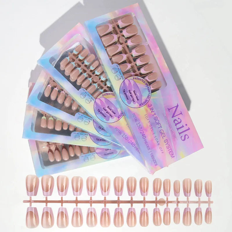 150pcs Multi-Color Fake Nails Set - Almond French Press On Acrylic Nails, Removable & Convenient