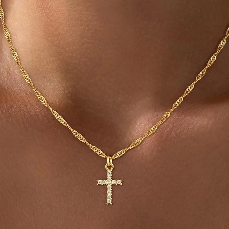 Minimalist Christian Cross Necklace Women 18K Gold Plated Religious Jewelry Gift