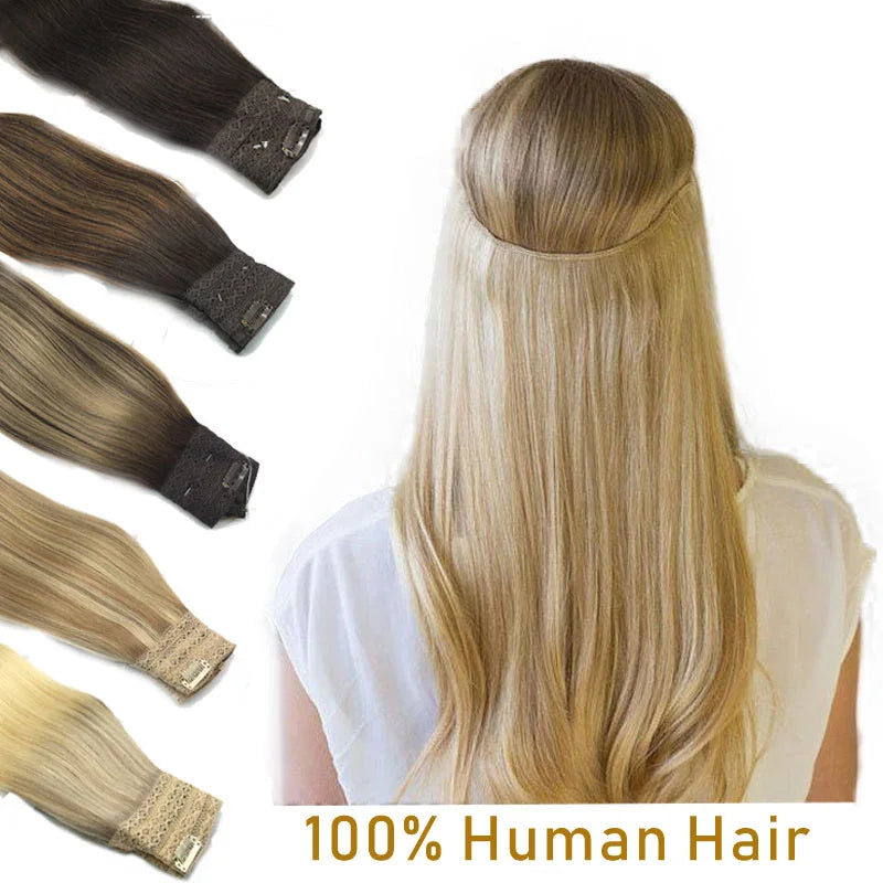 Human Hair Clip-In Weft Extensions - Natural Straight Fish Line Hair for Women