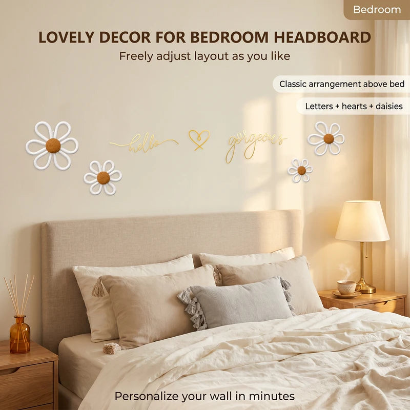 Wall Decor Set with Metal Wire Words, Heart Ornament & Woven Daisies - Boho Wall Art for Nursery & Living Room