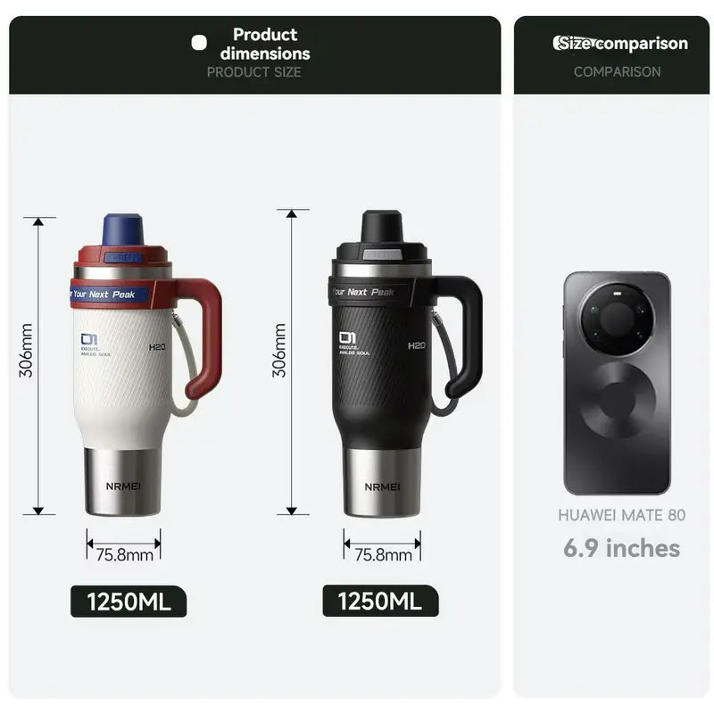 1250ml Insulated Stainless Steel Water Bottle with Straw - Large Capacity Portable Tumbler