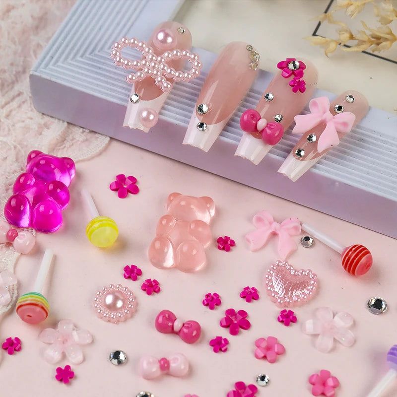 12 Grid Mixed 3D Color Resin Bow Pearl Heart Flat Back Diamond Nail Art Decorations