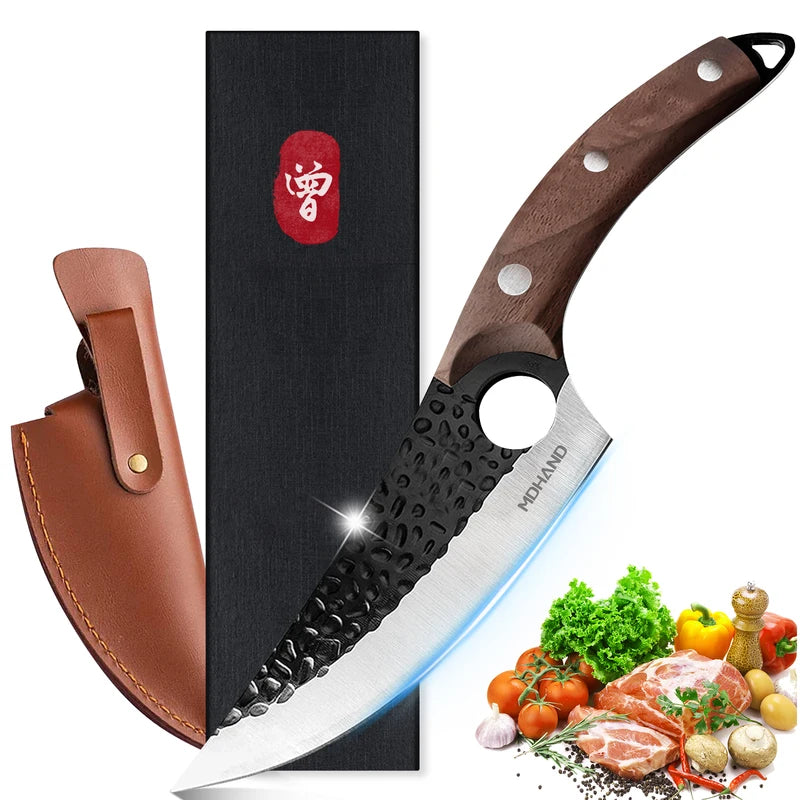 Stainless Steel Chef Knife with Leather Cover - Multi-Color Options