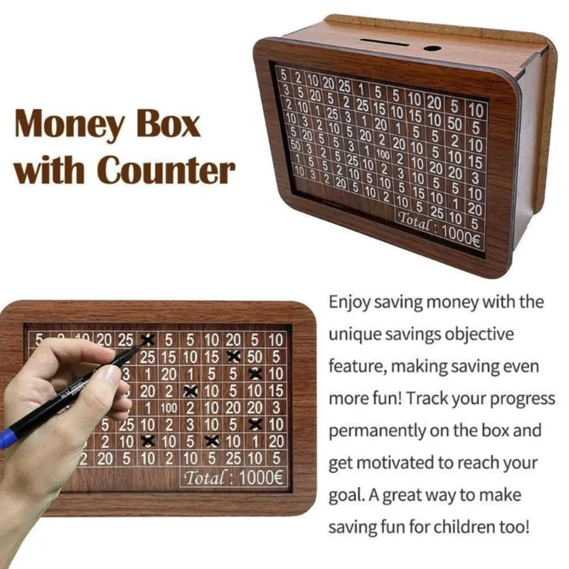 Wooden Piggy Bank Money Box with Coin & Note Slots for Savings, Reusable Vault