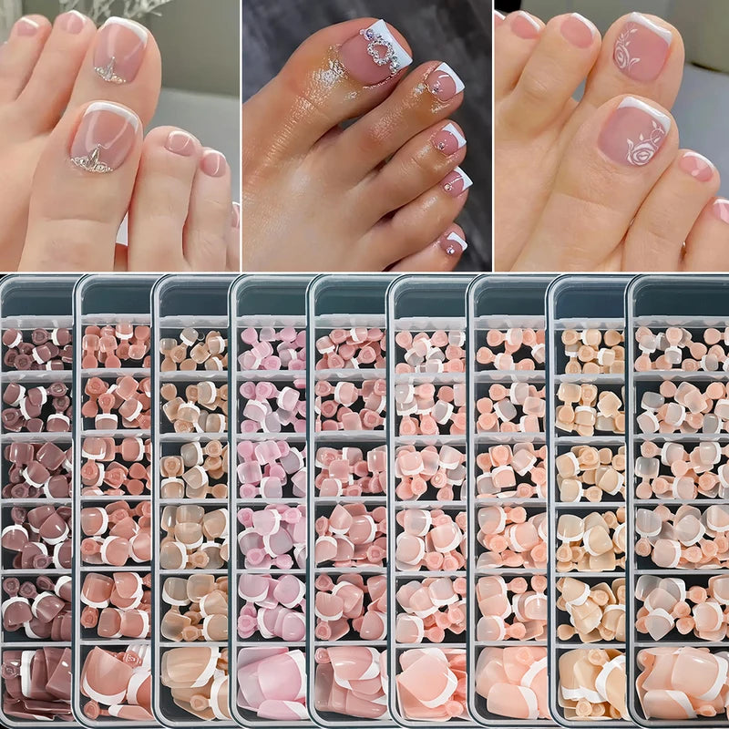 120pcs French Tip Press-On Toe Nails Short Square Glossy False Foot Nails Set