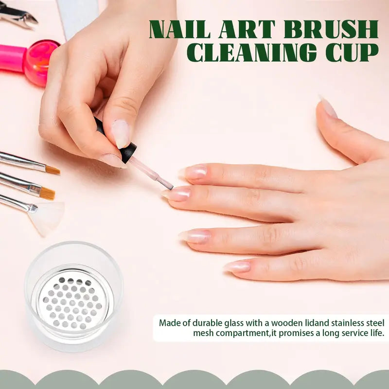 Nail Art Brush Cleaning Cup with Lid, Glass Dappen Dish for Glitter & Liquid Removal