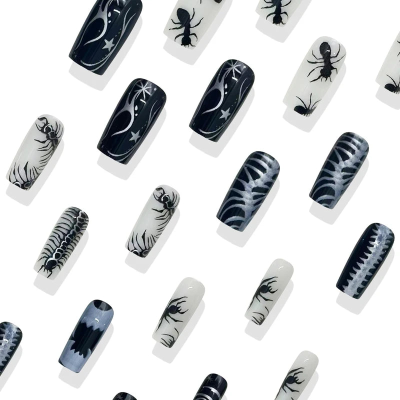 24-Piece Halloween Thriller Style False Nails with Ant Bugs Pattern - Press-On Nail Art Kit