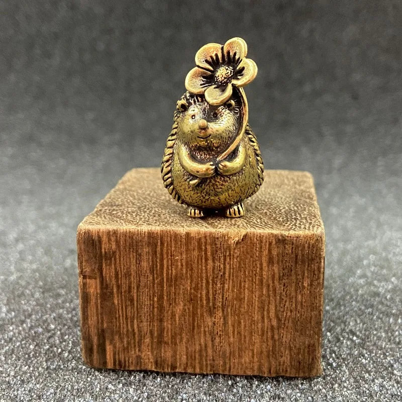 Brass Hedgehog Figurine Set - Collectible Animal Statue with Leaves & Flowers