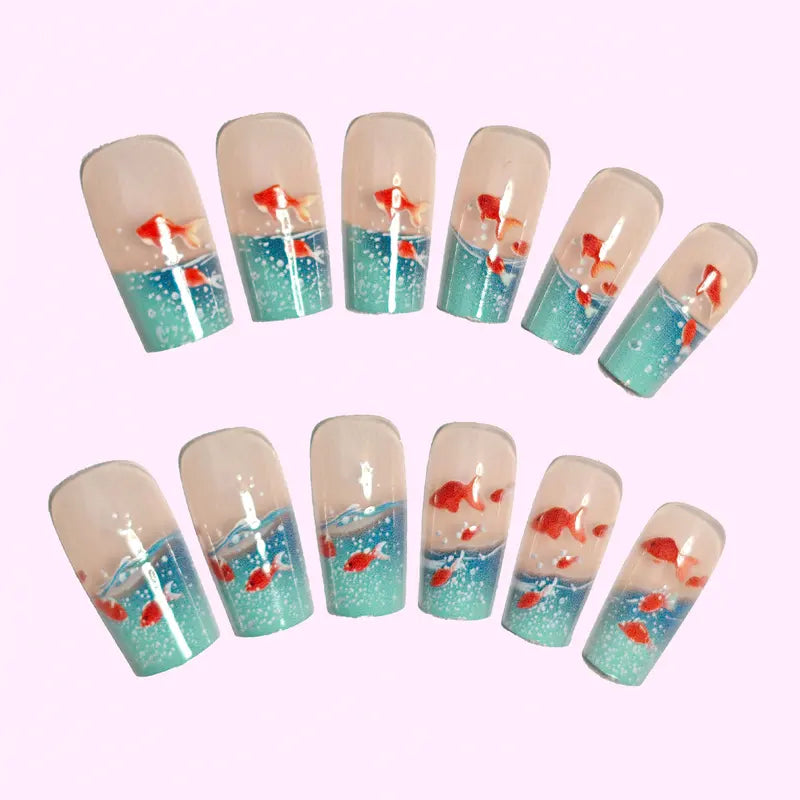 Medium Long Square Fake Nails for Women Summer Fish Design Full Cover Press-On Acrylic Nails