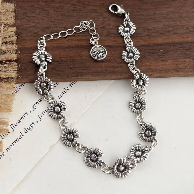 925 Sterling Silver Retro Flower Bracelet for Women & Men Handmade Vintage Jewelry Gift