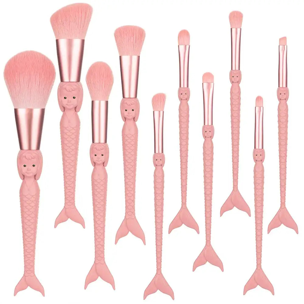 10-Piece Mermaid Makeup Brush Set - Powder, Blush, Eye Shadow & Lip Tools