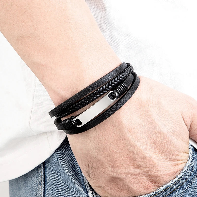 Multi-Layer Leather Wrap Bracelet for Men Stainless Steel Casual Jewelry