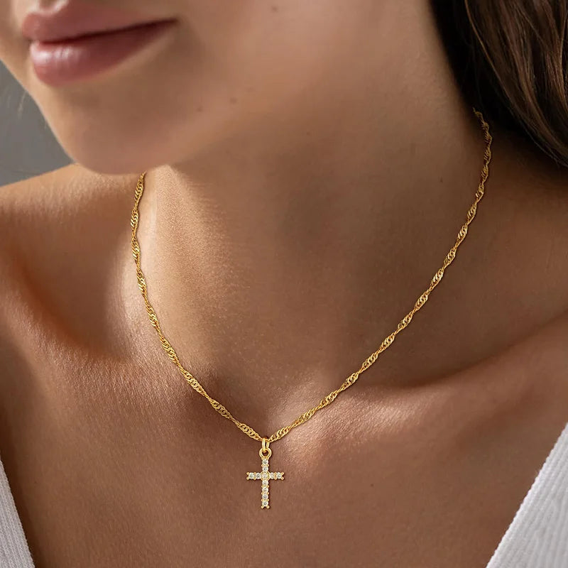 Minimalist Christian Cross Necklace Women 18K Gold Plated Religious Jewelry Gift