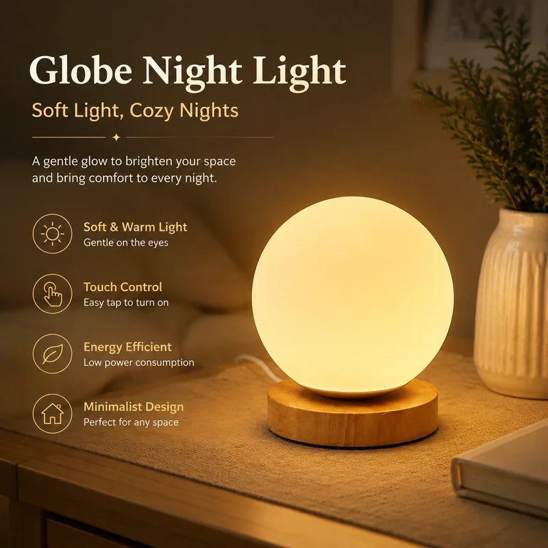 Modern Solid Wood Spherical Table Lamp for Bedroom & Living Room