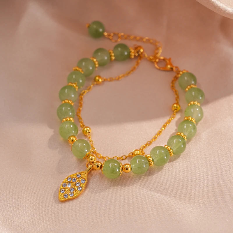 Green Jade Bracelet for Women - Exquisite Gold Leaves Wrist Strap Bangle