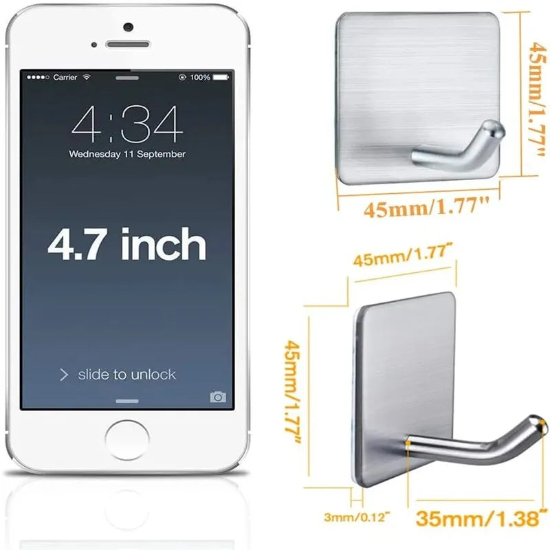 4PCS Stainless Steel Wall Mount Hooks Self-Adhesive Key Towel Jacket Bag Rack