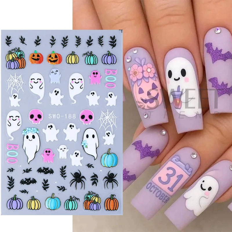 Halloween Nail Decals 2 Sheets Adorable Ghosts Pumpkins Spider Web Bat Lollipops