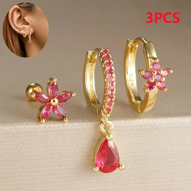 3PCS Stainless Steel Hoop Earrings Set for Women with Crystal Zircon Flowers Water Drop Design - Wedding Jewelry