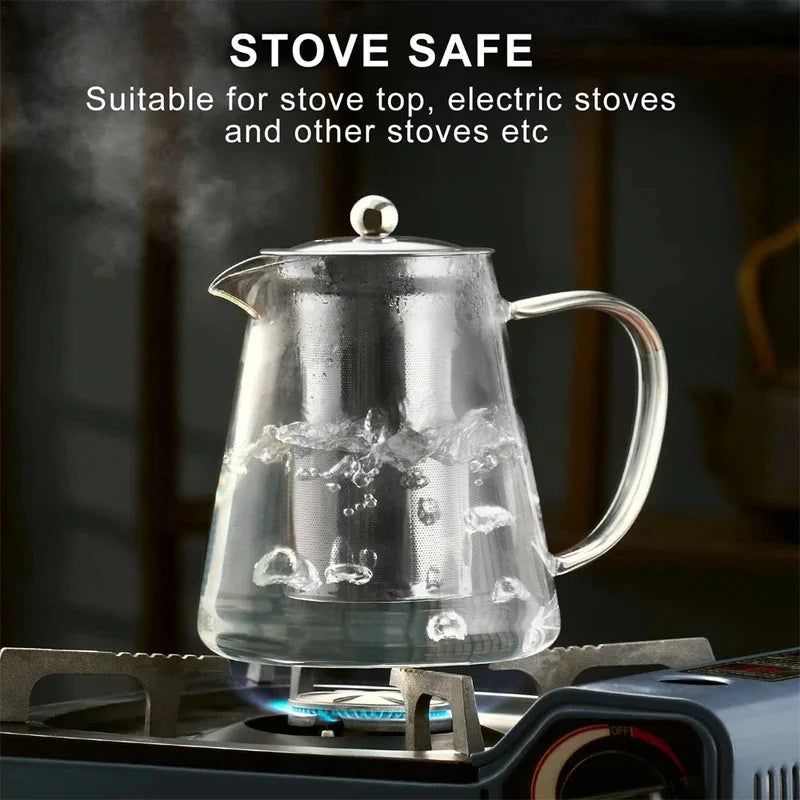 Heat-Resistant Borosilicate Glass Teapot with Stainless Steel Infuser 1L - Clear for Loose Leaf Tea