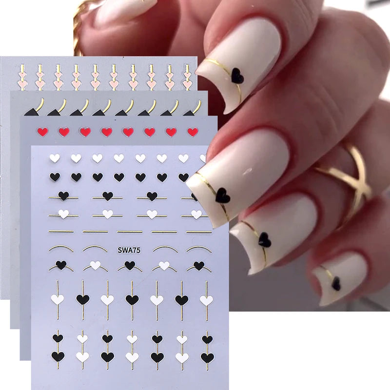 4 Pcs Gold Heart Line Nail Art Stickers for Romantic Valentines French Tips
