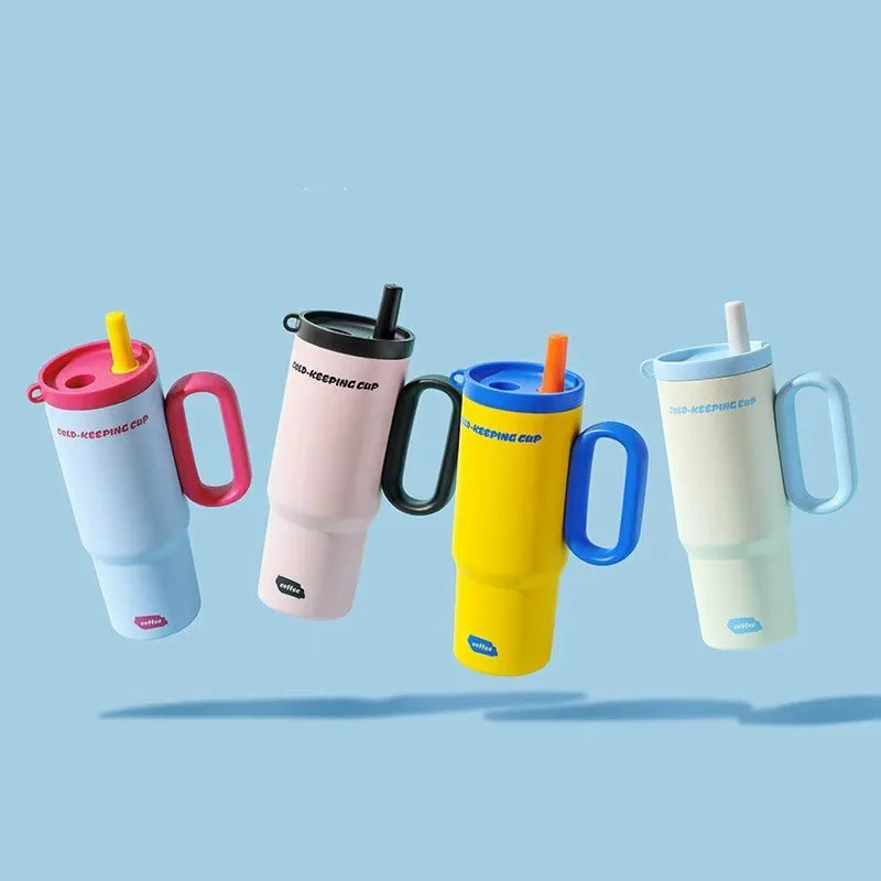 750ML Stainless Steel Vacuum Insulated Water Bottle with Straw & Handle - Outdoor Travel Coffee Cup
