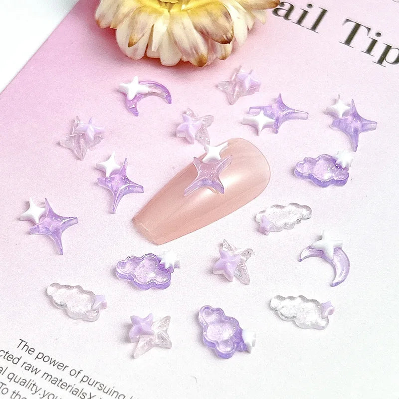 50PCS Transparent Resin Moon Cloud Nail Charms with Sparkling Star for DIY Nail Art