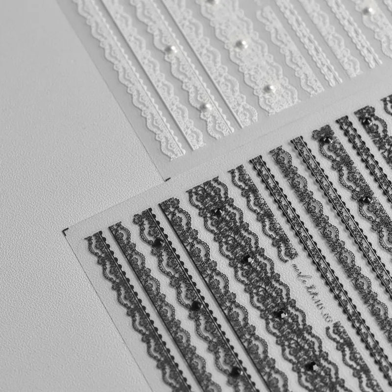 5D Relief Nail Stickers Set - White Black Pink Lattice Lace Stripe Love Bow Manicure Decals